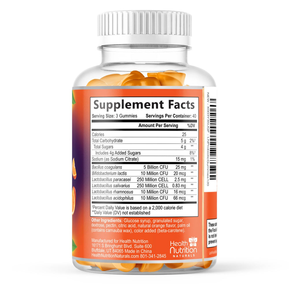 Health Nutrition Naturals Probiotic Gummies packaging highlights 120-count bottle for convenience.