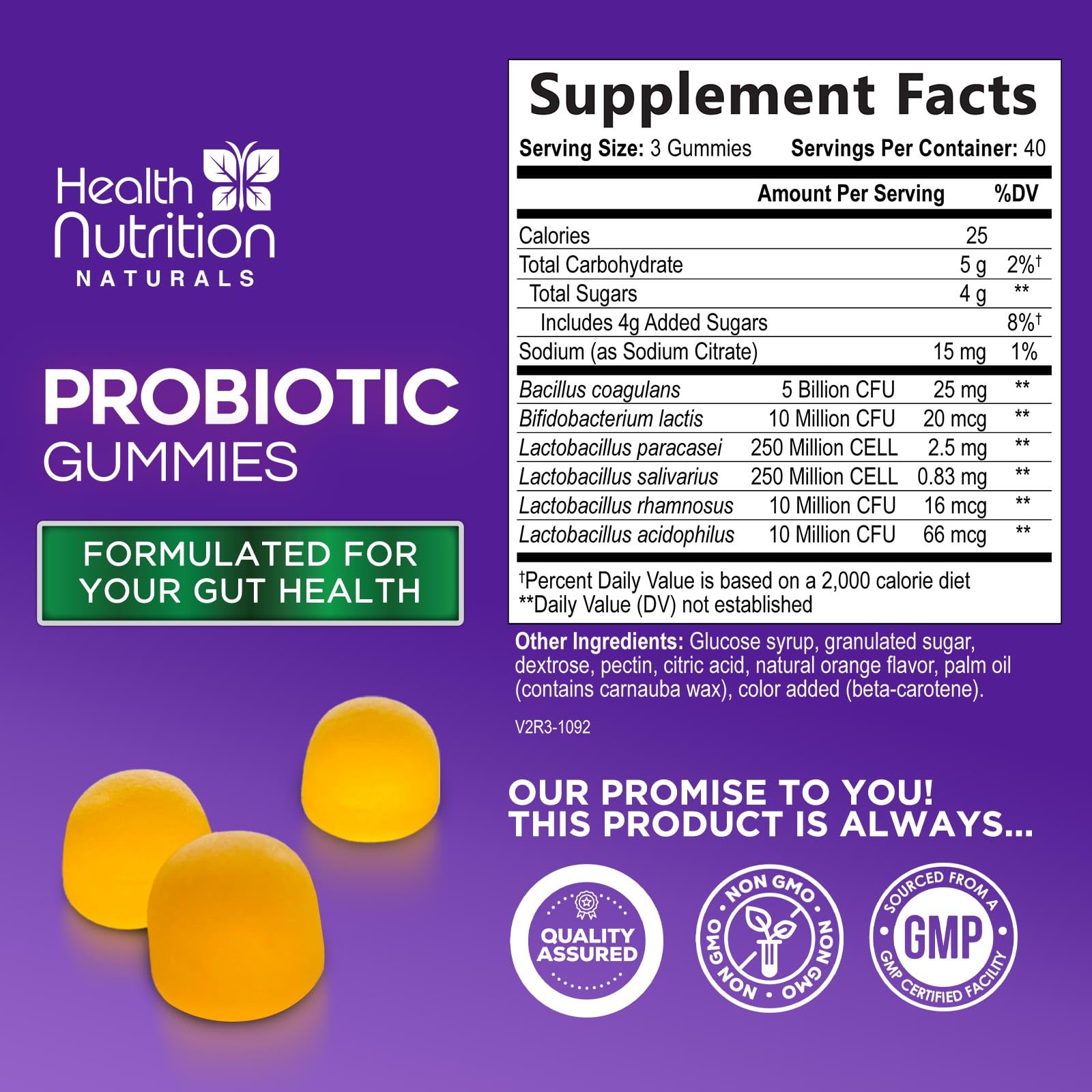 Health Nutrition Naturals Probiotic Gummies texture closeup highlights chewy, tasty digestive support.
