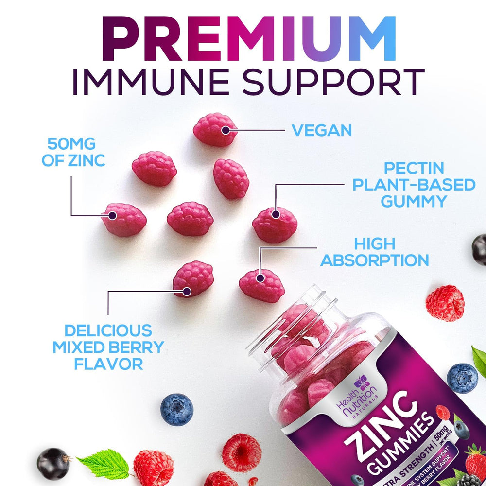 Health Nutrition Naturals zinc gummies 120-count bottle on bright countertop for daily routine