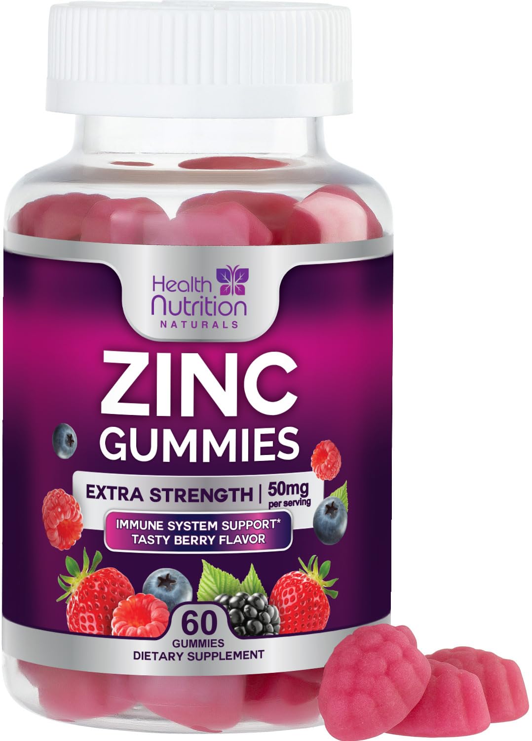 Health Nutrition Naturals Zinc Gummies berry flavor bottle for daily immune support