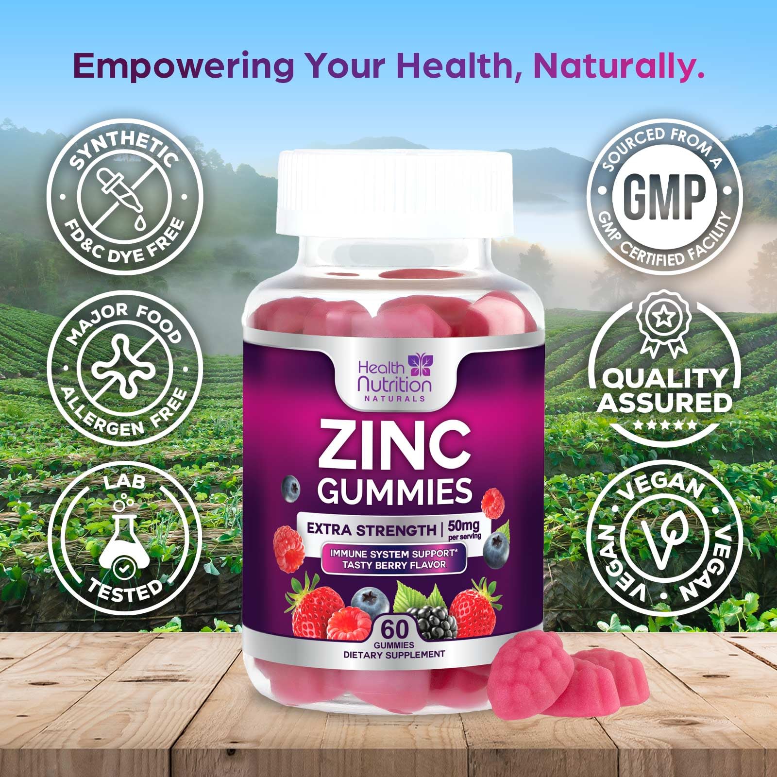 Health Nutrition Naturals Zinc Gummies closeup berry chews showing texture