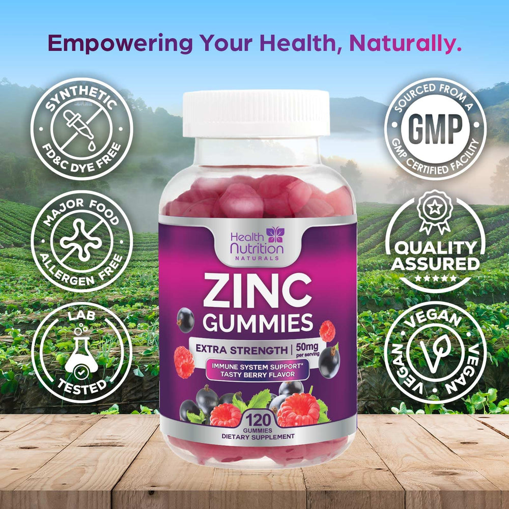 Health Nutrition Naturals zinc gummies pour-over view suggests easy daily dosing