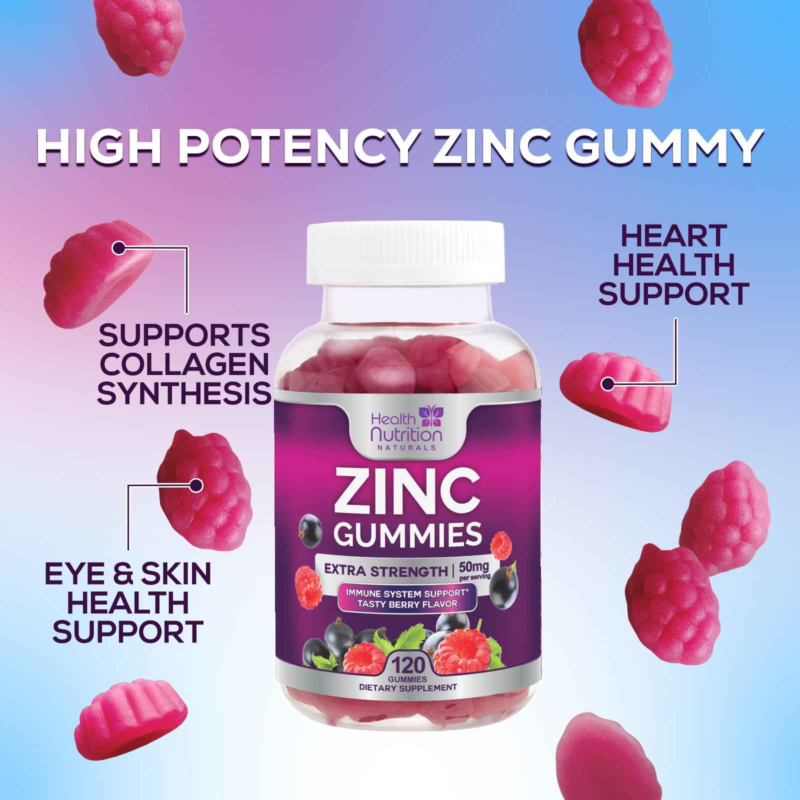 Health Nutrition Naturals zinc gummies nutrition facts panel highlights high-potency zinc