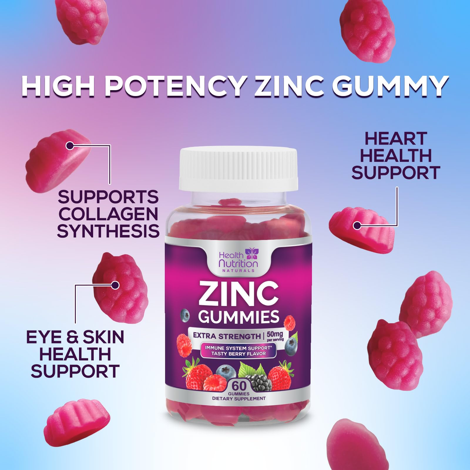 Health Nutrition Naturals Zinc Gummies for skin health on product display