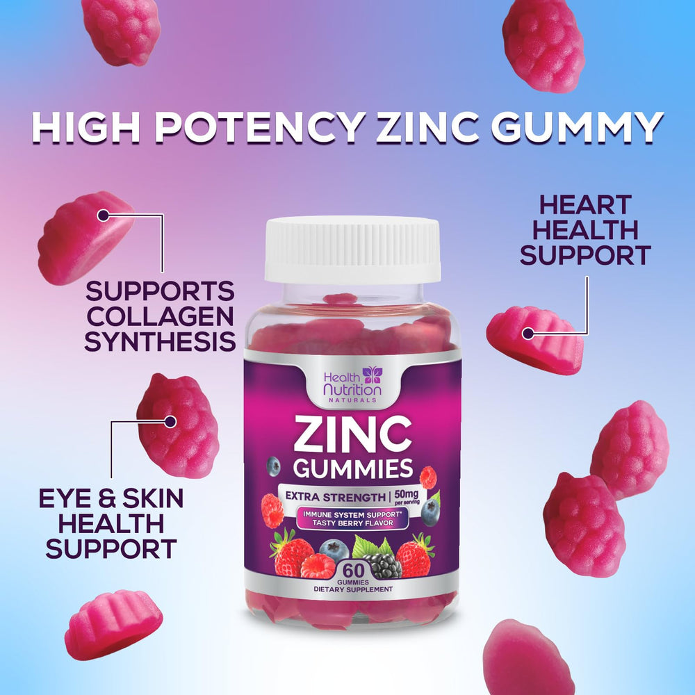 Health Nutrition Naturals Zinc Gummies for skin health on product display
