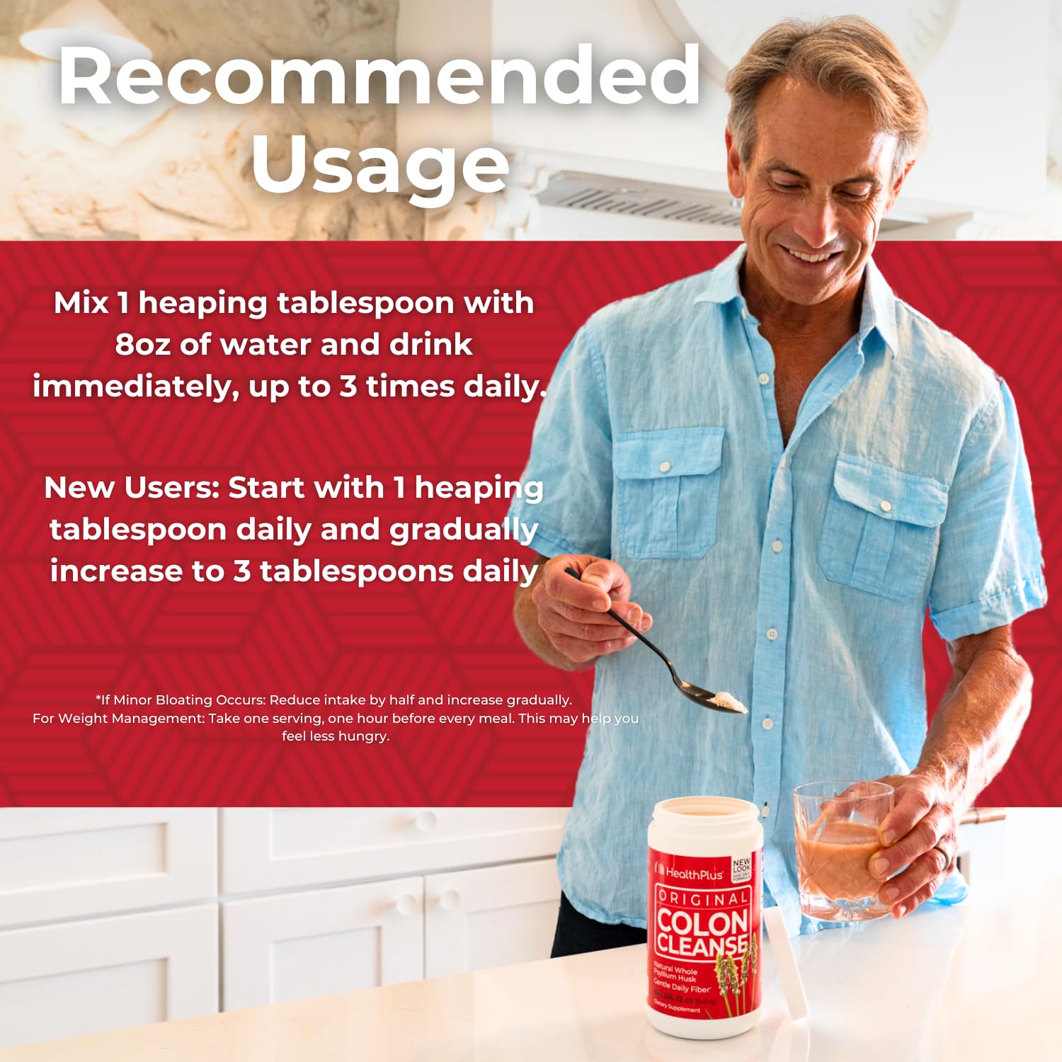 Health Plus Colon Cleanse bottle in kitchen signals easy daily use.