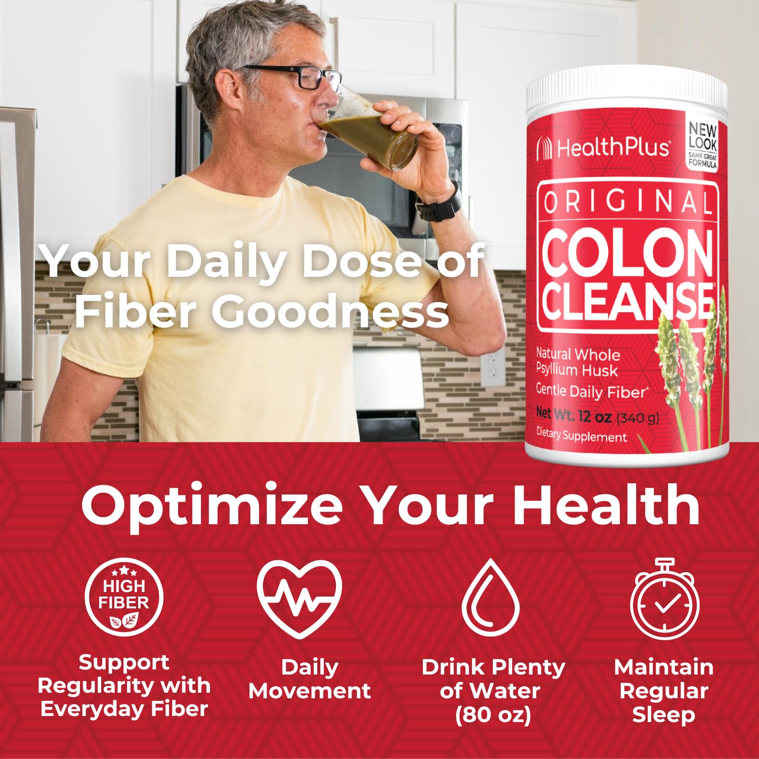 Health Plus Colon Cleanse powder dissolving in water shows convenient mixing.