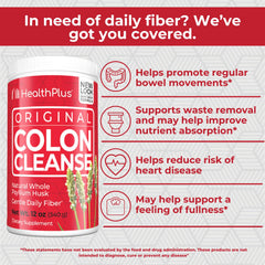 Health Plus Colon Cleanse gluten-free formula label highlights dietary compatibility.