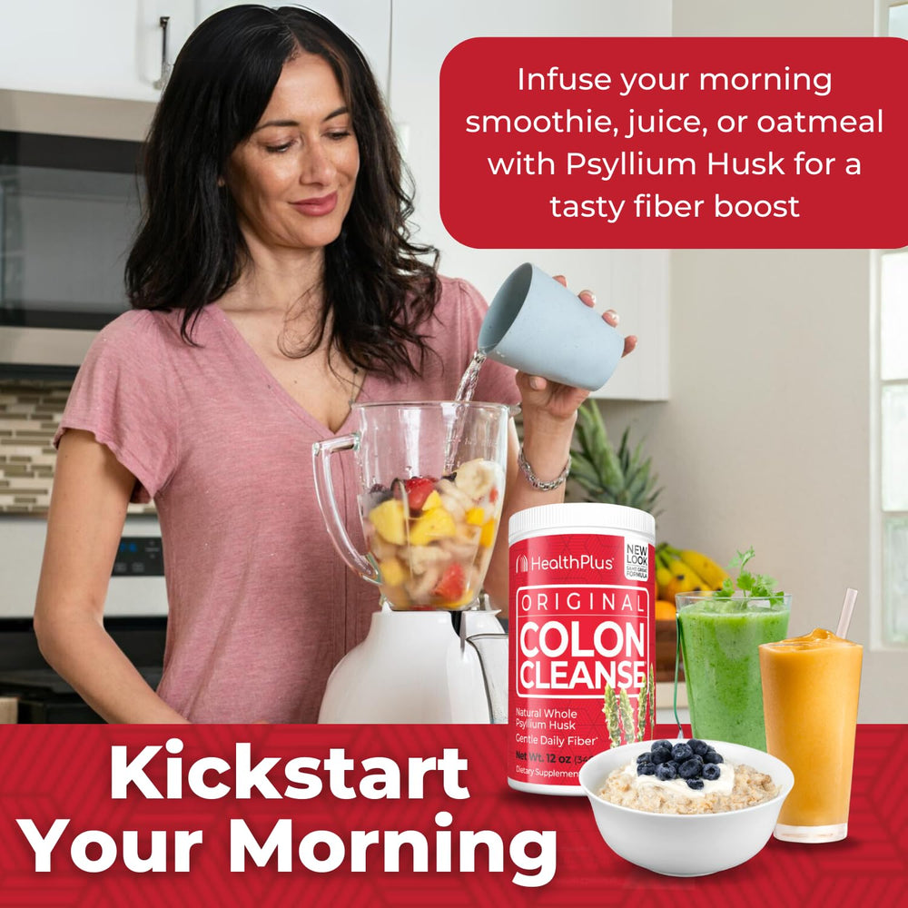 Health Plus Colon Cleanse ingredients panel emphasizes psyllium husk fiber.
