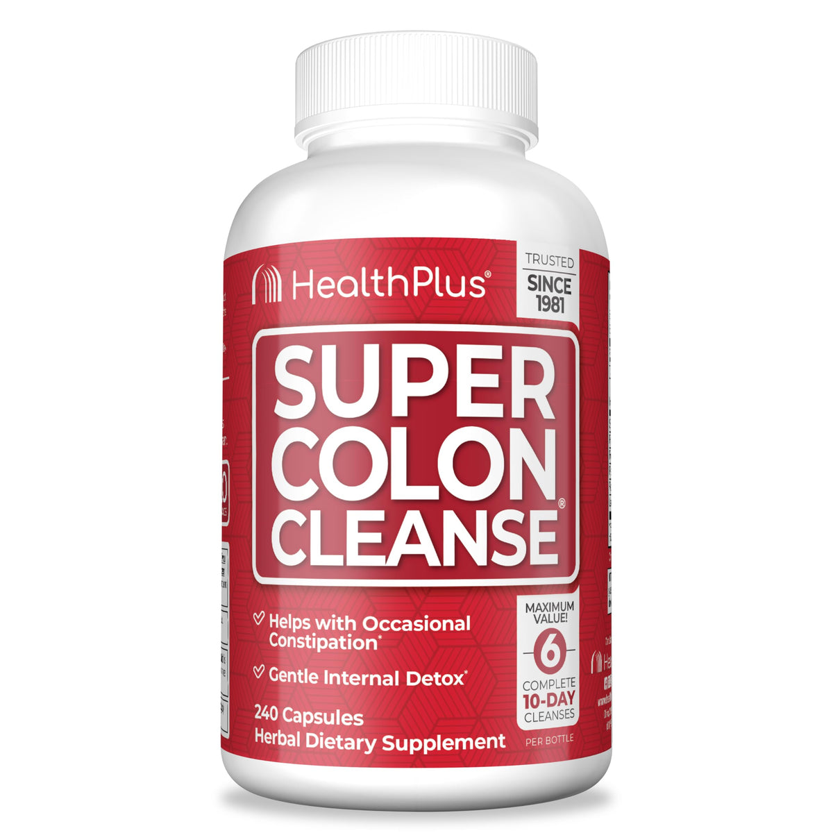 Health Plus Super Colon Cleanse bottle front view showing convenient capsules for gentle detox.