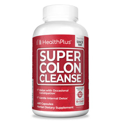 Health Plus Super Colon Cleanse bottle label close-up with gluten-free formula