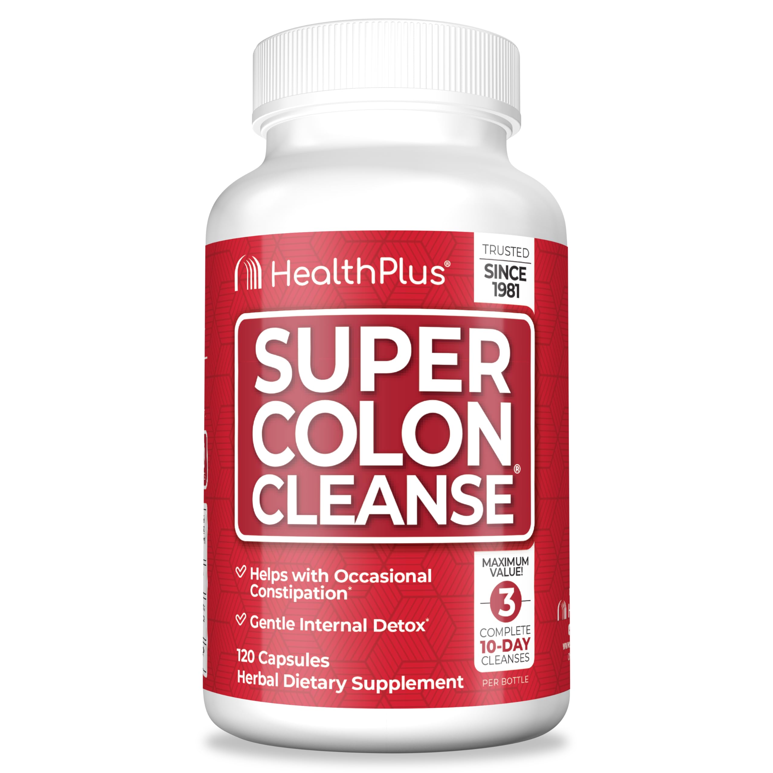 Health Plus Super Colon Cleanse bottle label communicates gentle detox support.