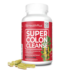 Health Plus Super Colon Cleanse bottle label highlights gentle detox for regularity.
