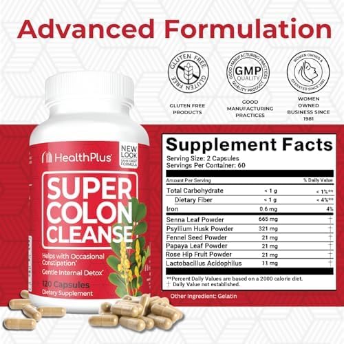 Health Plus Super Colon Cleanse capsules close-up highlights psyllium and probiotics.