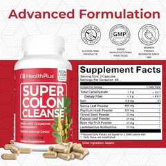 Health Plus Super Colon Cleanse capsules close-up highlights psyllium and probiotics.