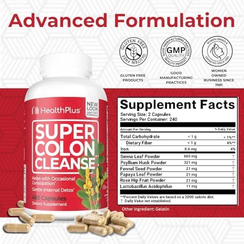 Health Plus Super Colon Cleanse capsules in a glass jar for daily use