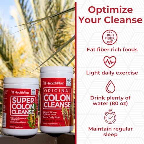 Health Plus Super Colon Cleanse ingredients graphic features psyllium and lactobacillus.