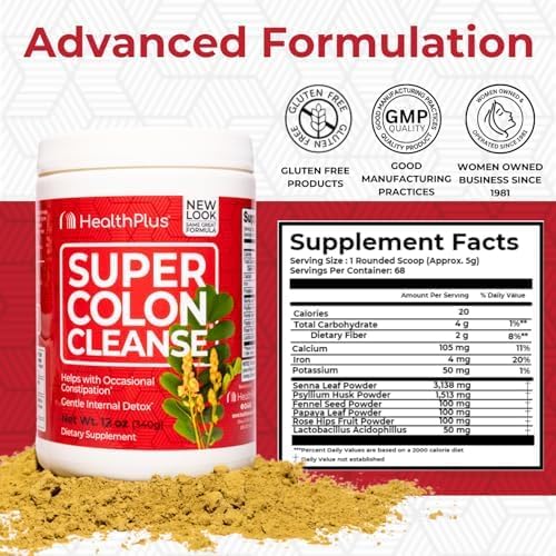 Health Plus Super Colon Cleanse powder in tub closeup highlights fine texture.