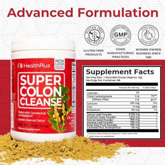 Health Plus Super Colon Cleanse powder in tub closeup highlights fine texture.