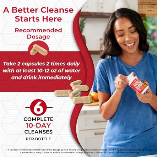 Health Plus Super Colon Cleanse senna leaf illustration indicating gentle waste elimination.