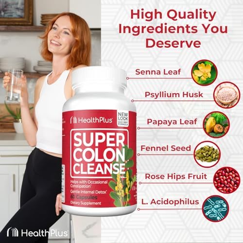 Health Plus Super Colon Cleanse serving spoon beside capsules.