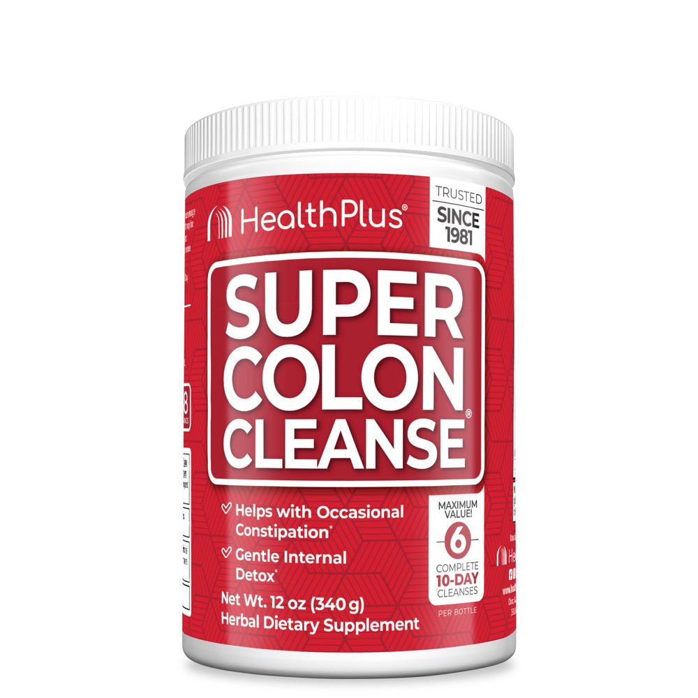 Health Plus Super Colon Cleanse tub front promotes natural detox support.