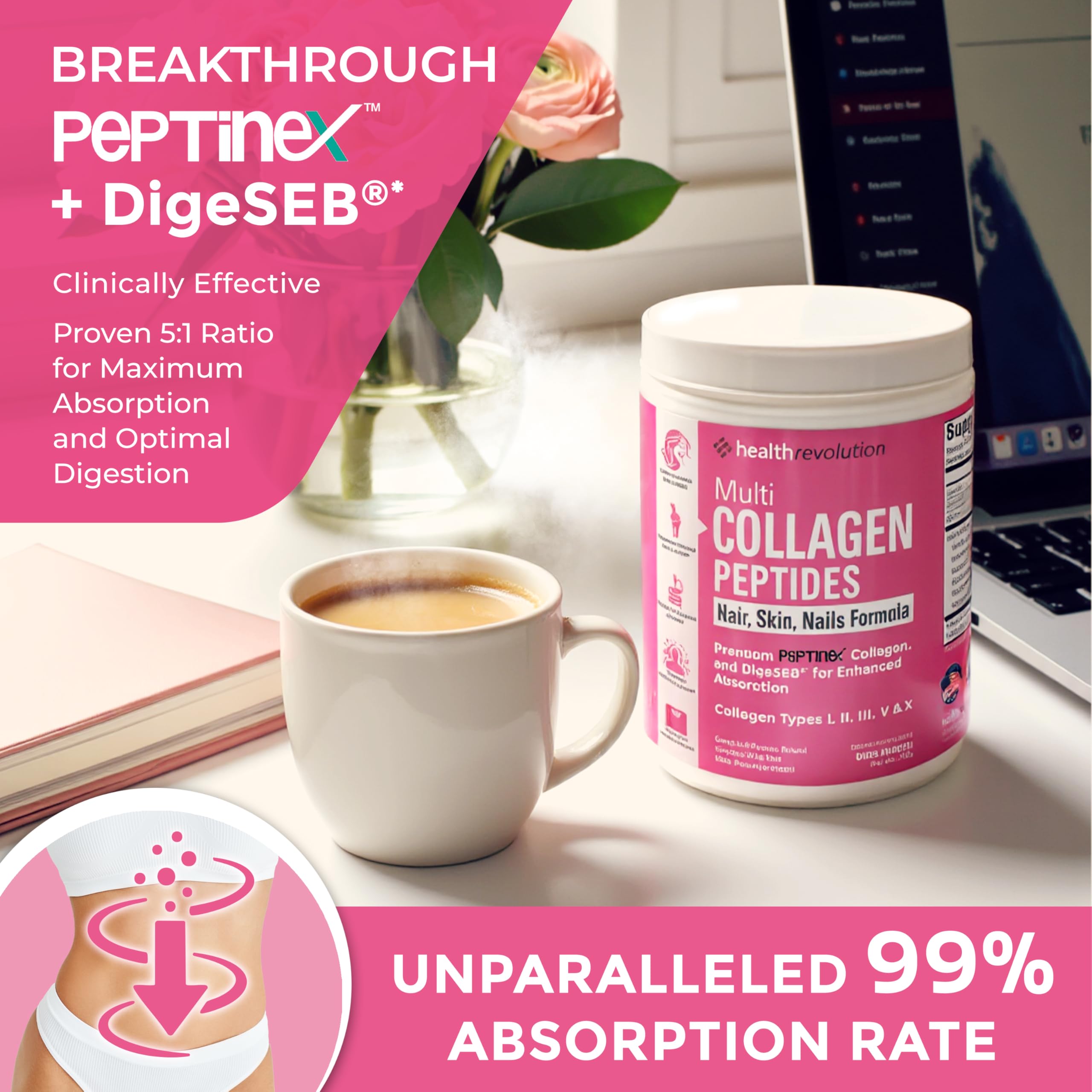 Pouring Health Revolution collagen powder into liquid for easy mixing