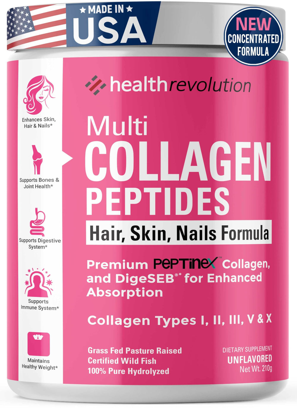 Health Revolution multi collagen powder tub front showing premium formula for skin