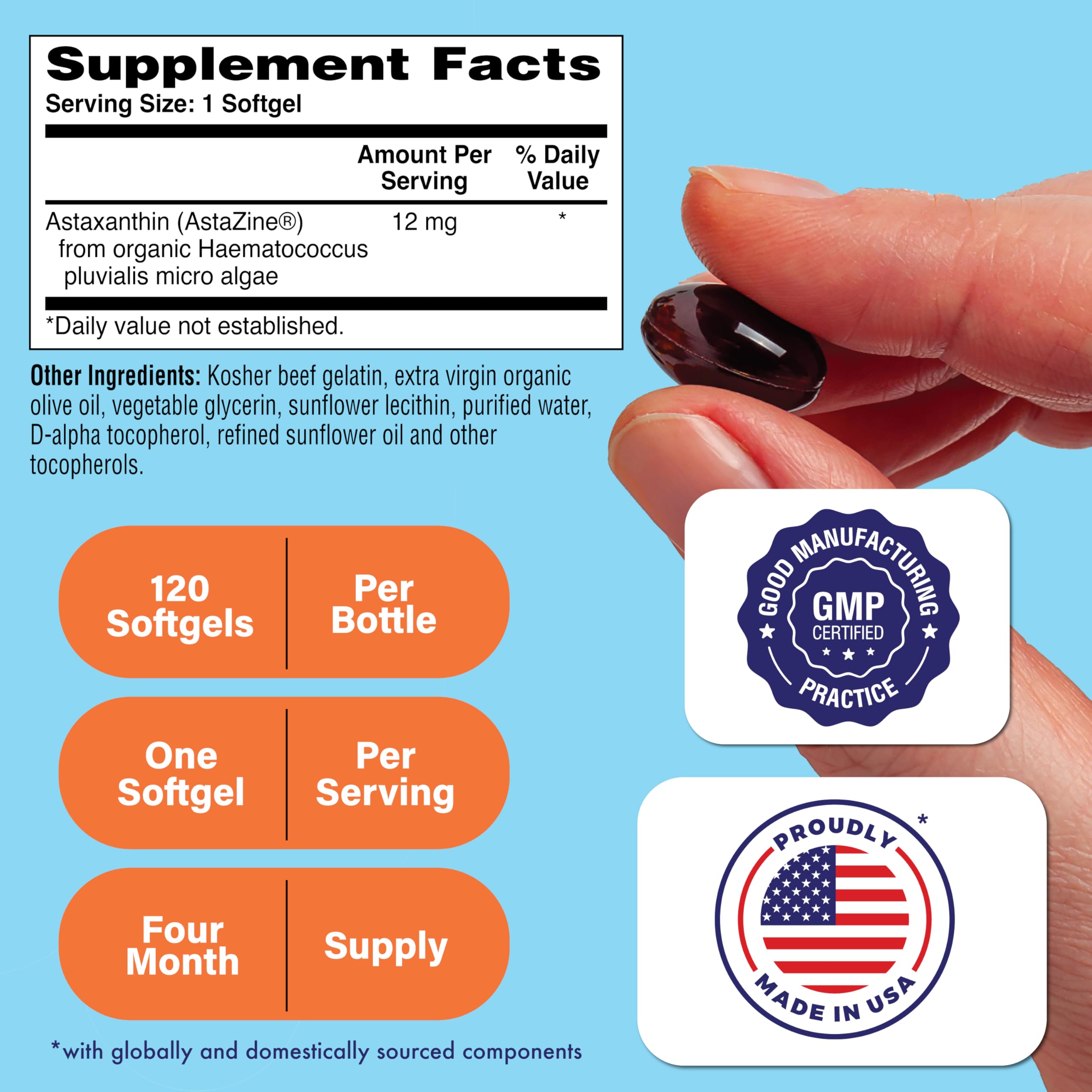 Health Thru Nutrition astaxanthin softgels closeup, easy-to-swallow daily capsules.