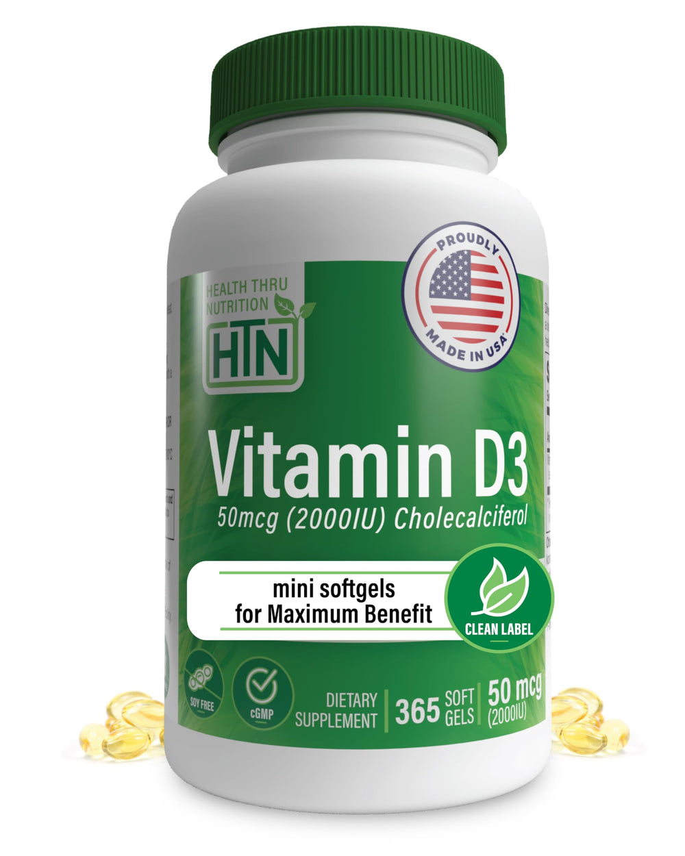 Health Thru Nutrition Vitamin D3 2000 IU bottle with clear label for immune support.