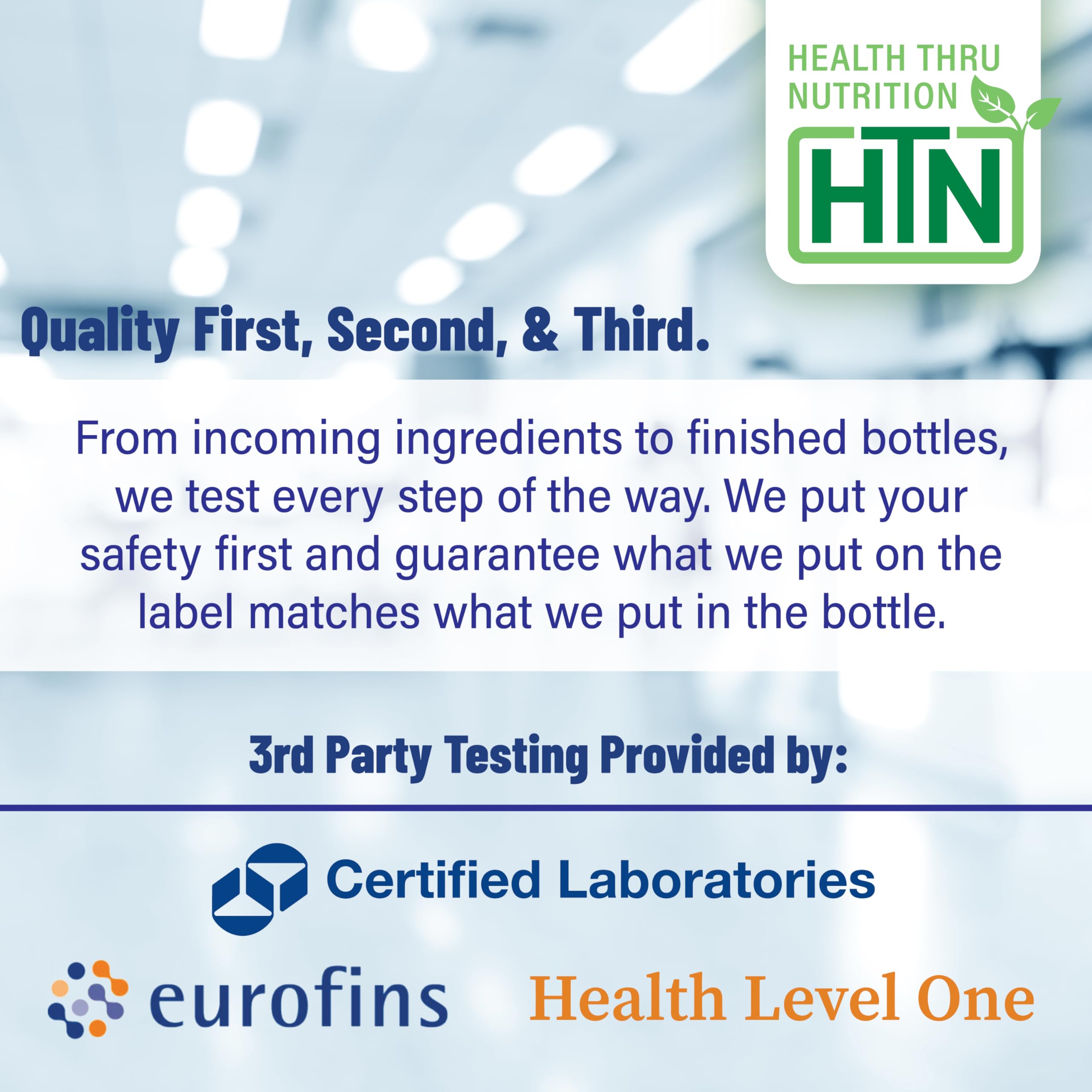 Health Thru Nutrition 3rd-party tested seal on the label signals trusted quality.