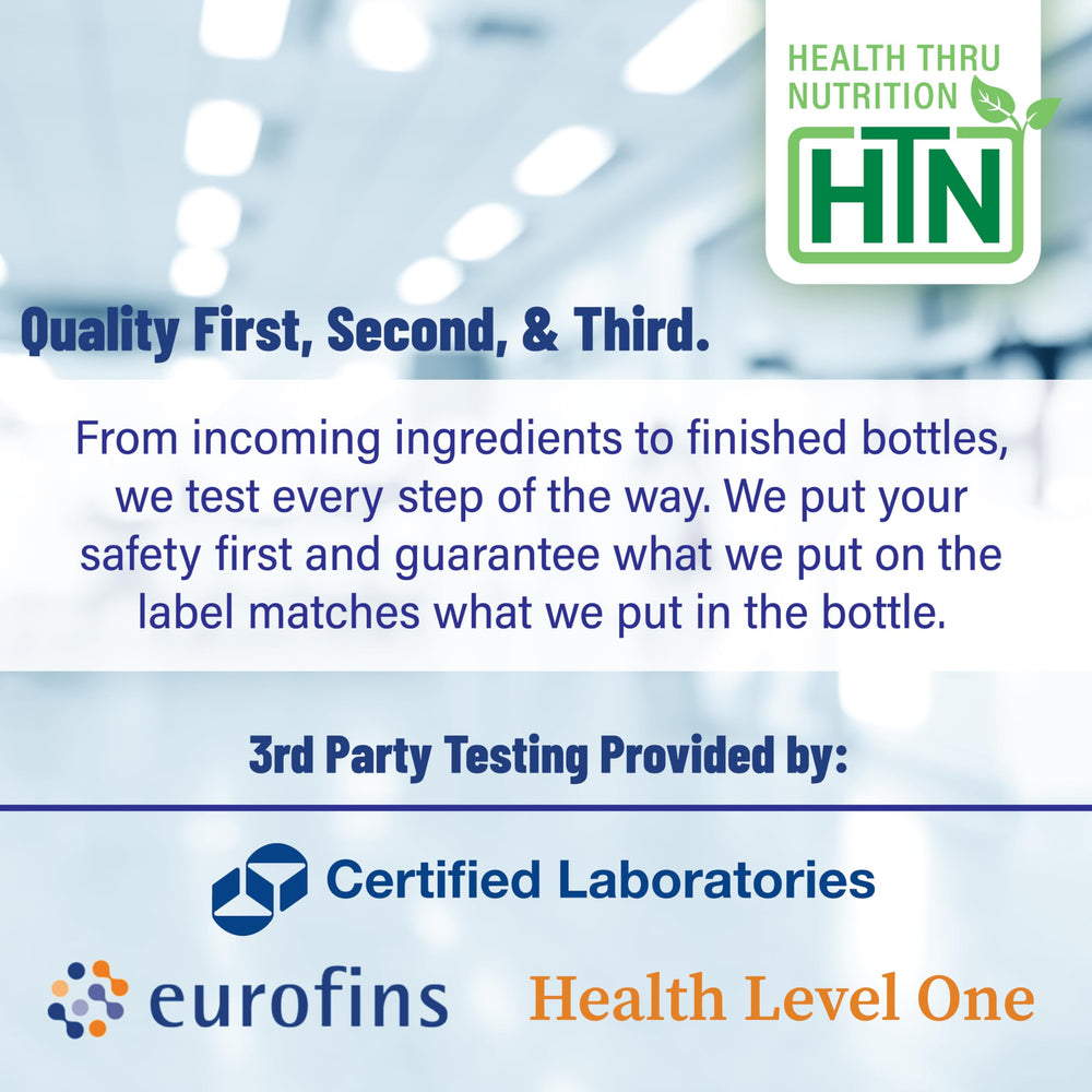 Health Thru Nutrition 3rd-party tested seal on the label signals trusted quality.