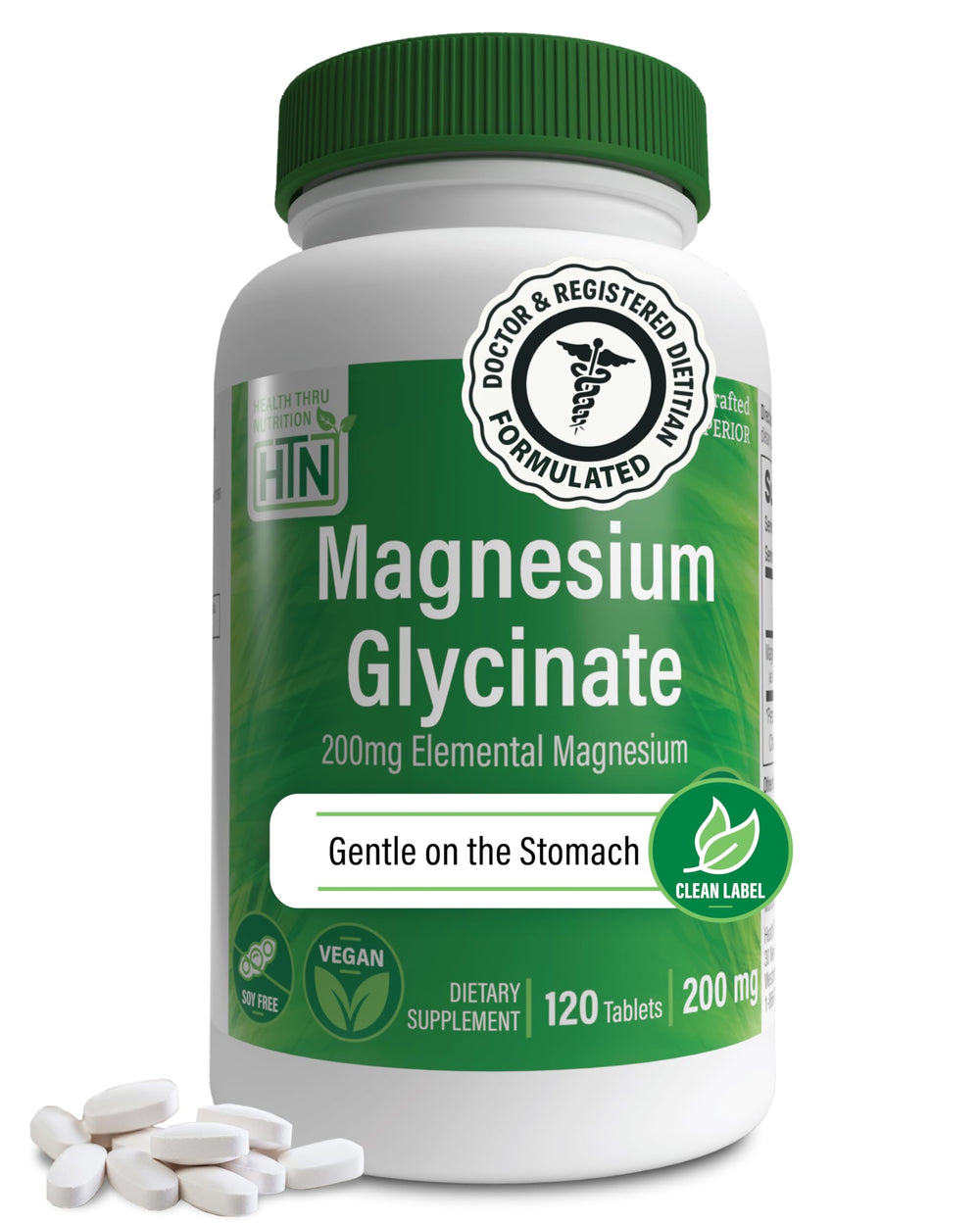 Health Thru Nutrition Magnesium Glycinate bottle front, gentle on the stomach in a daily routine.