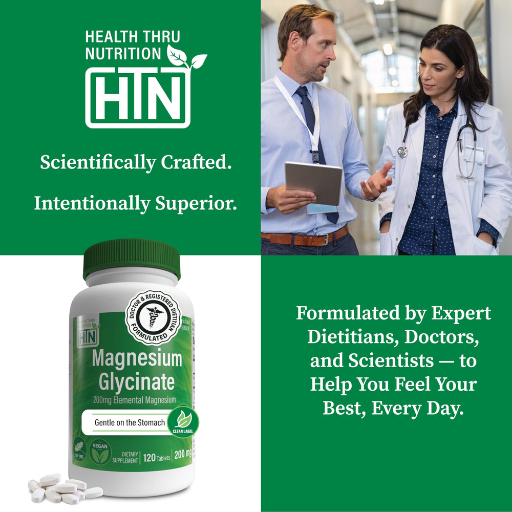 Health Thru Nutrition Magnesium Glycinate ingredient panel highlighting non-GMO formula.