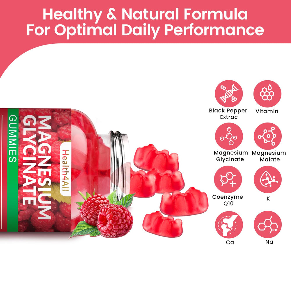 Health4All Magnesium Glycinate Gummies closeup showing sugar-free formula and soft texture.