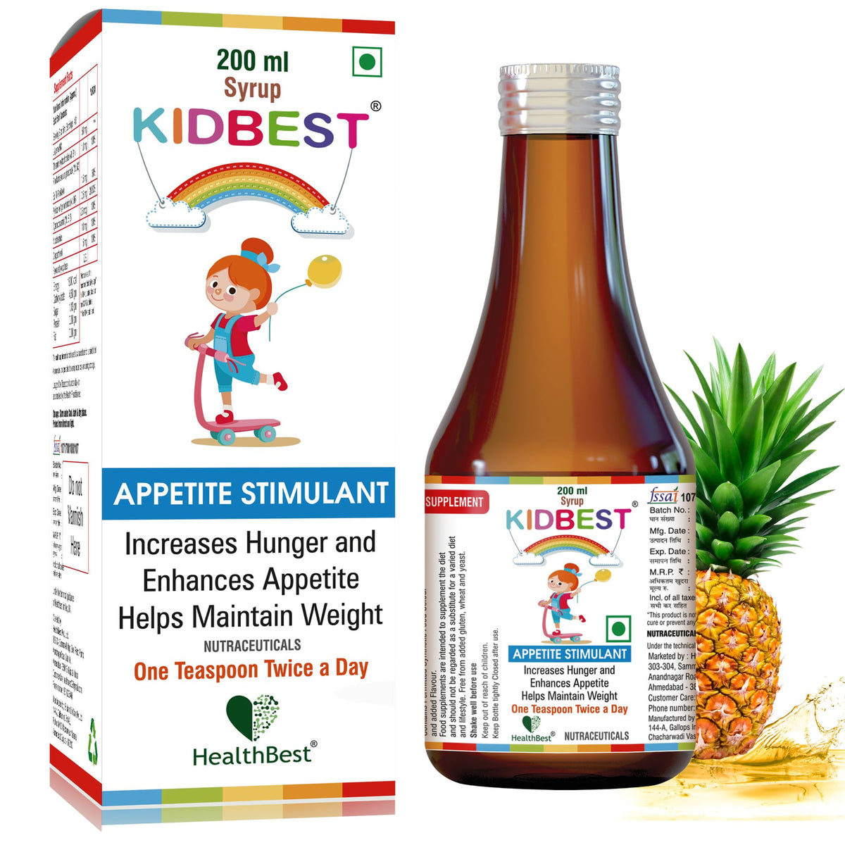 HealthBest Kidbest pineapple syrup bottle for kids' appetite support