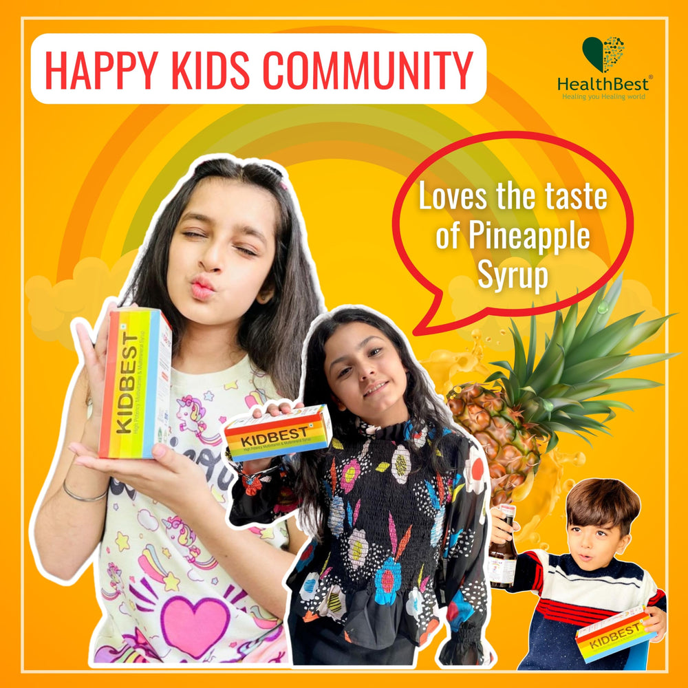 HealthBest Kidbest pediatric syrup jar emphasizes safe kid-friendly formula