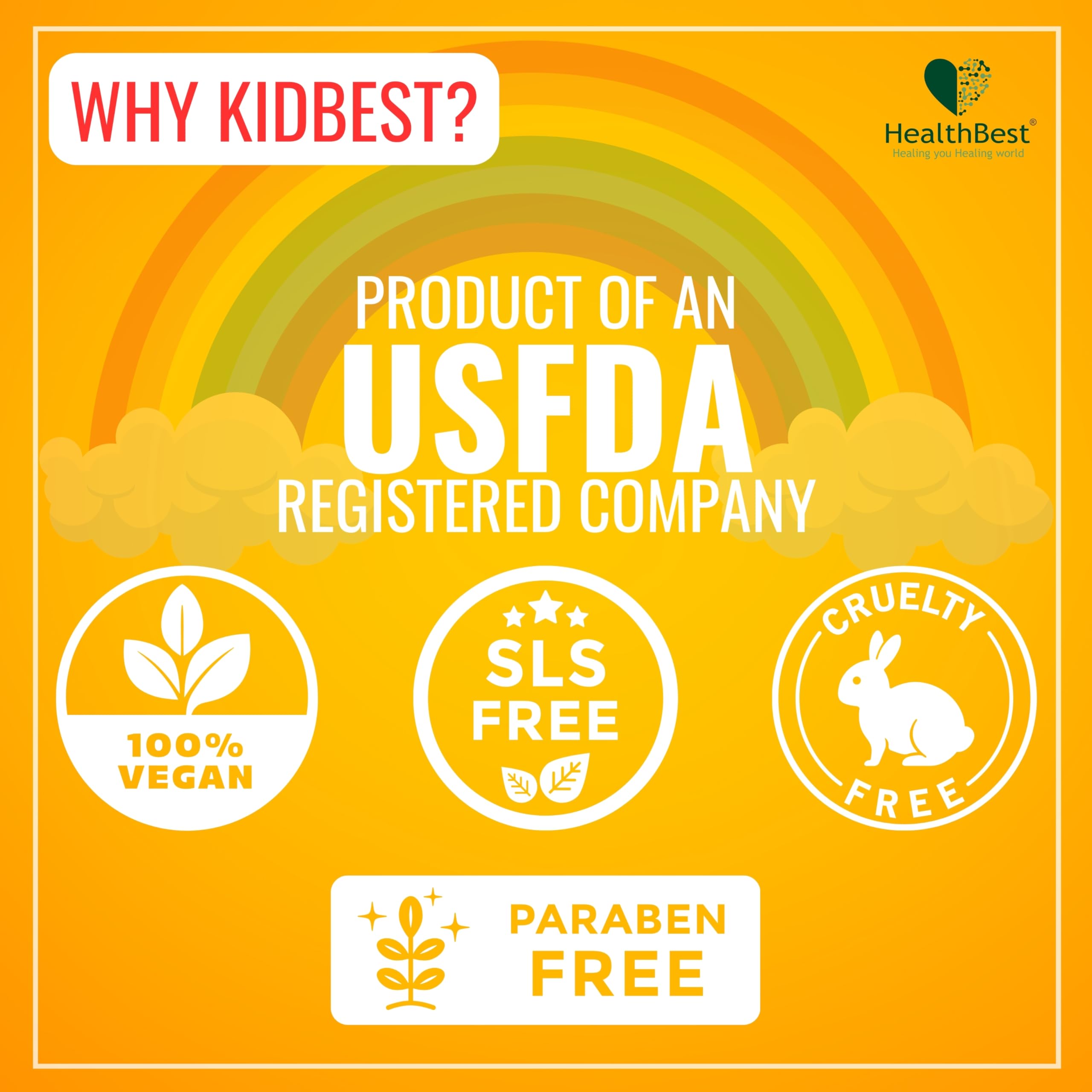 HealthBest Kidbest vitamins bottle label highlights folic acid and energy nutrients