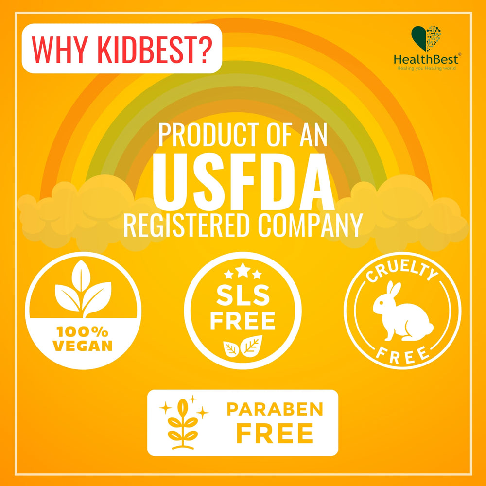 HealthBest Kidbest vitamins bottle label highlights folic acid and energy nutrients