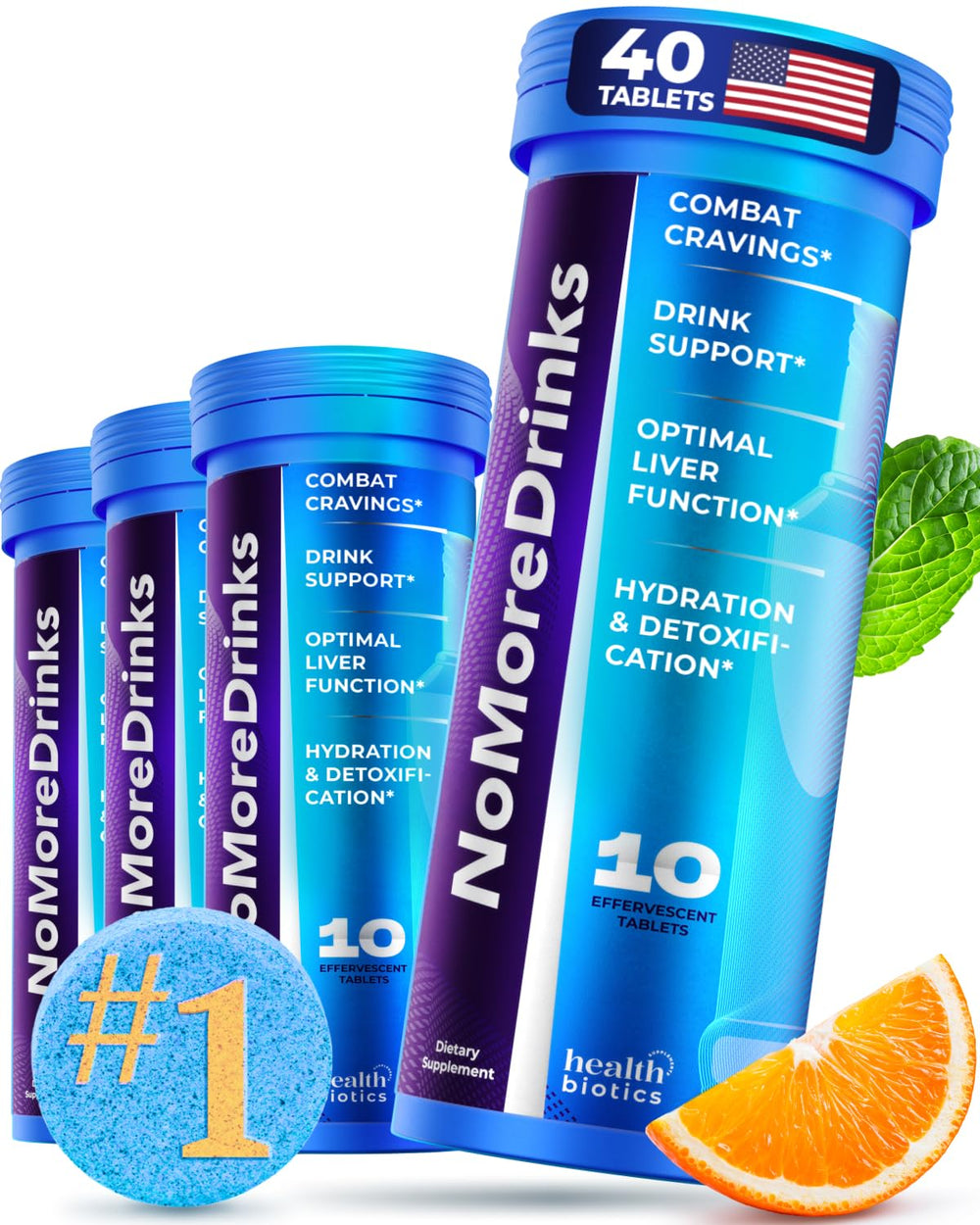 Healthbiotics NoMoreDrinks bottle on a desk conveying cravings management and liver support.