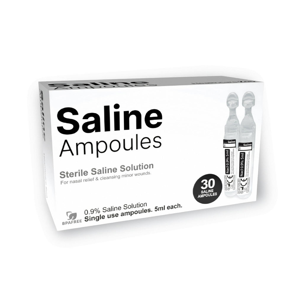 Healthcare Zoo saline ampoules pack with 30 sterile 5ml vials.