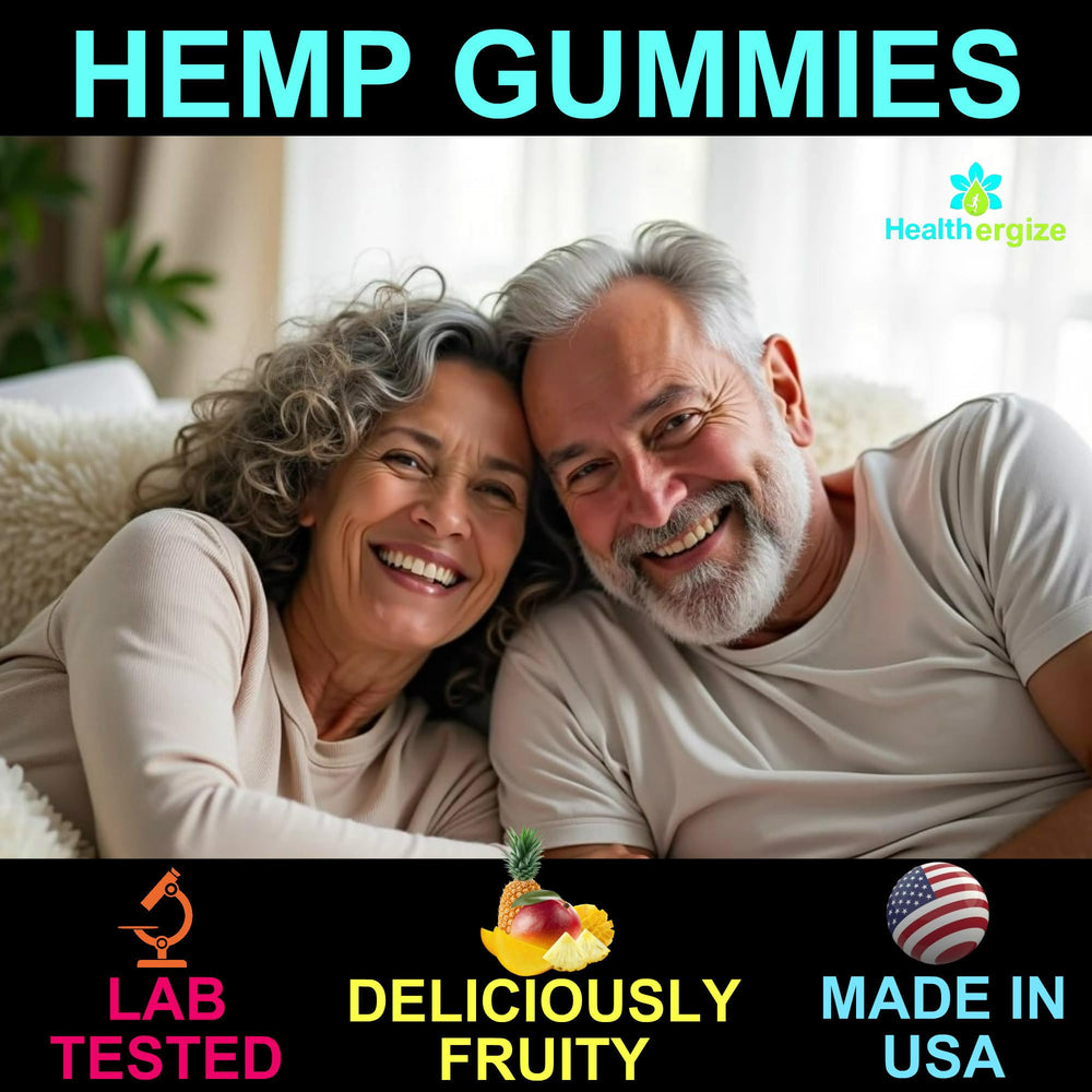 Healthergize hemp gummies USA made badge on bottle