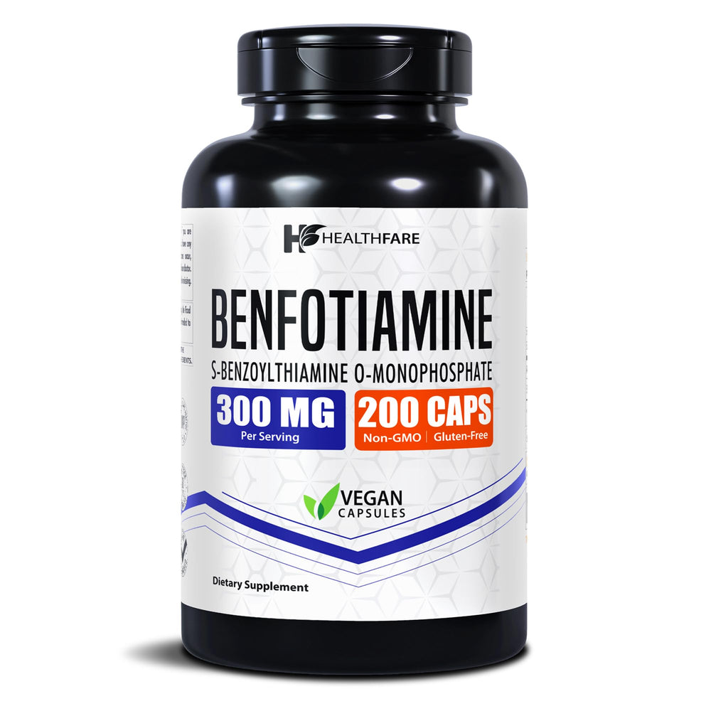 Healthfare Benfotiamine 300mg bottle front showing vegan capsule packaging for daily wellness