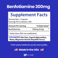 Healthfare Benfotiamine 300mg label shows vegan and non-GMO claim for transparency