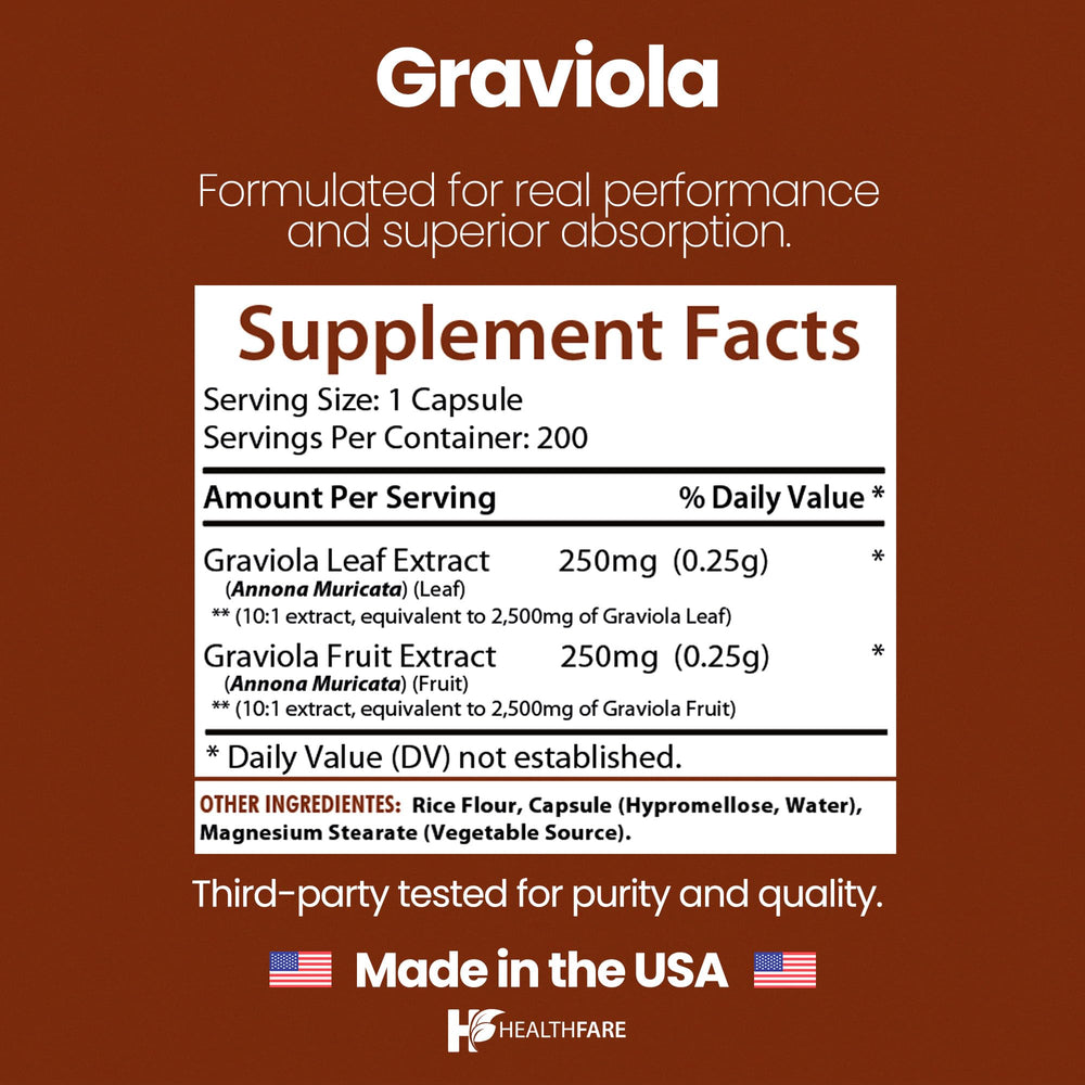 Healthfare Graviola capsules on a clean surface ideal for daily supplementation.