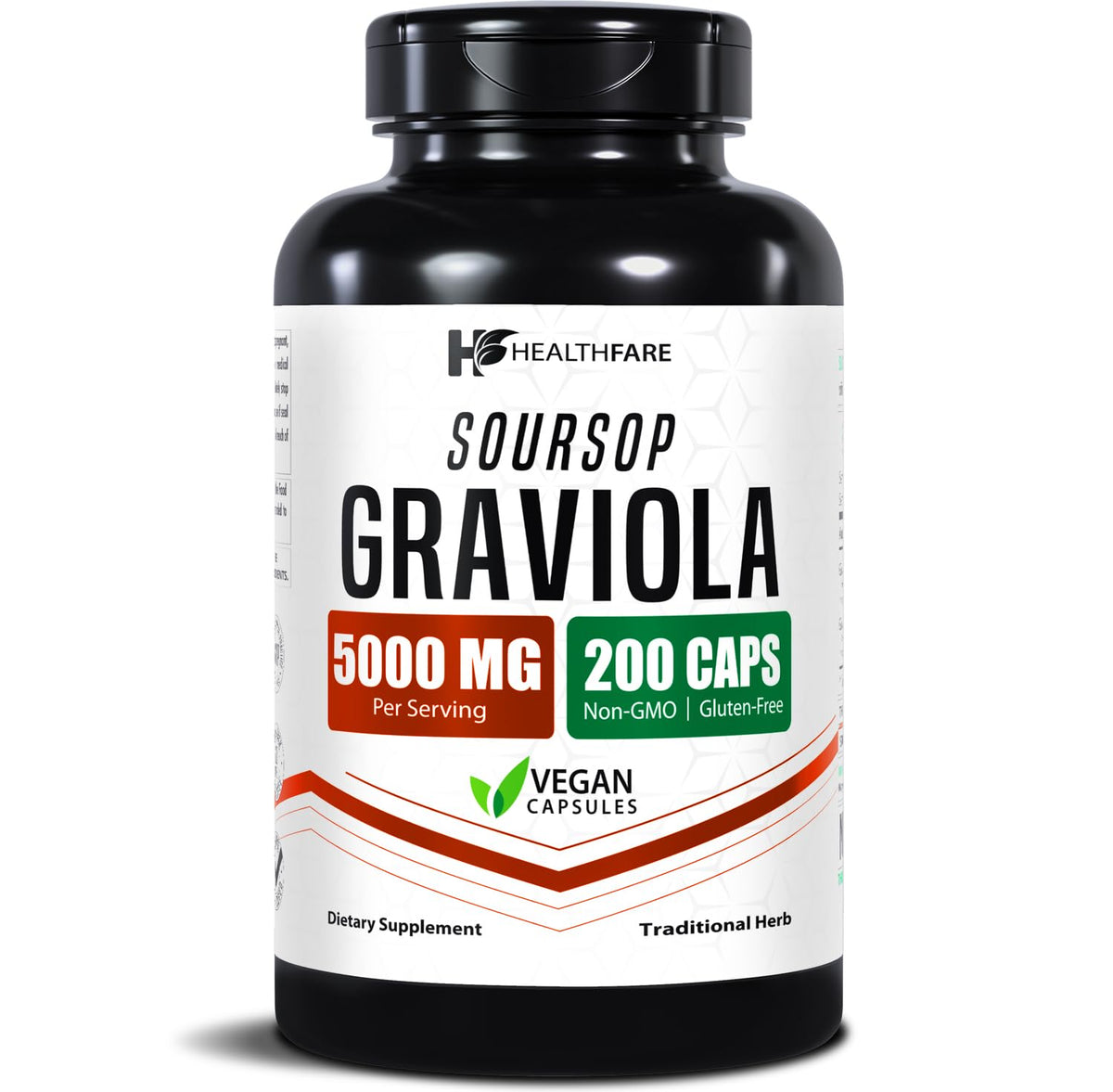 Healthfare Graviola 5000mg bottle shows high-potency capsules for daily use.