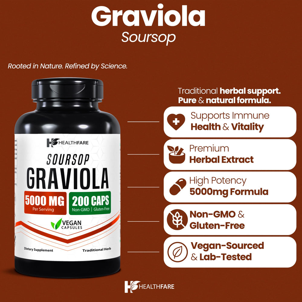 Healthfare Graviola extract label detail highlighting Non-GMO and gluten-free features.