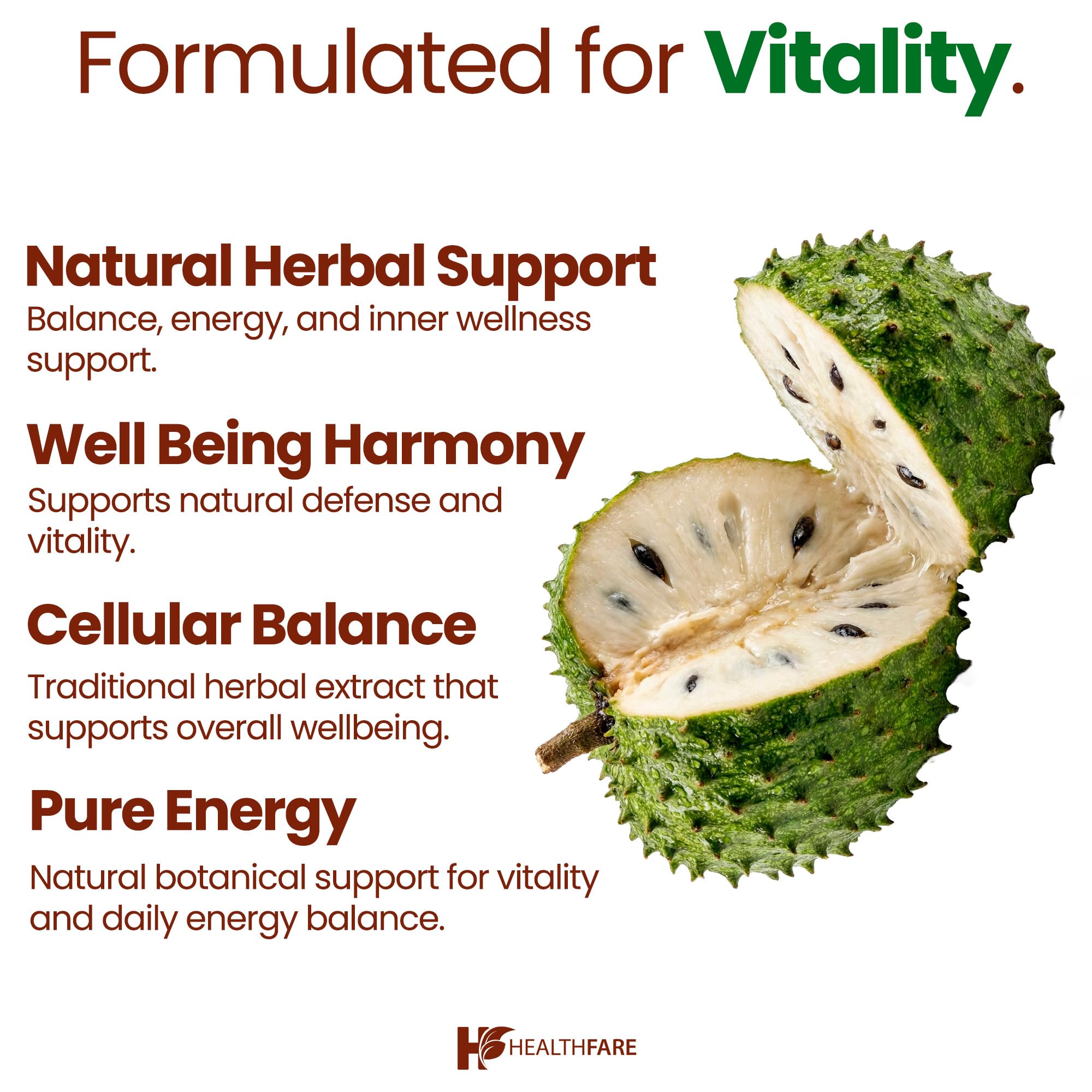 Healthfare Graviola packaging displays vegan and non-GMO certifications.