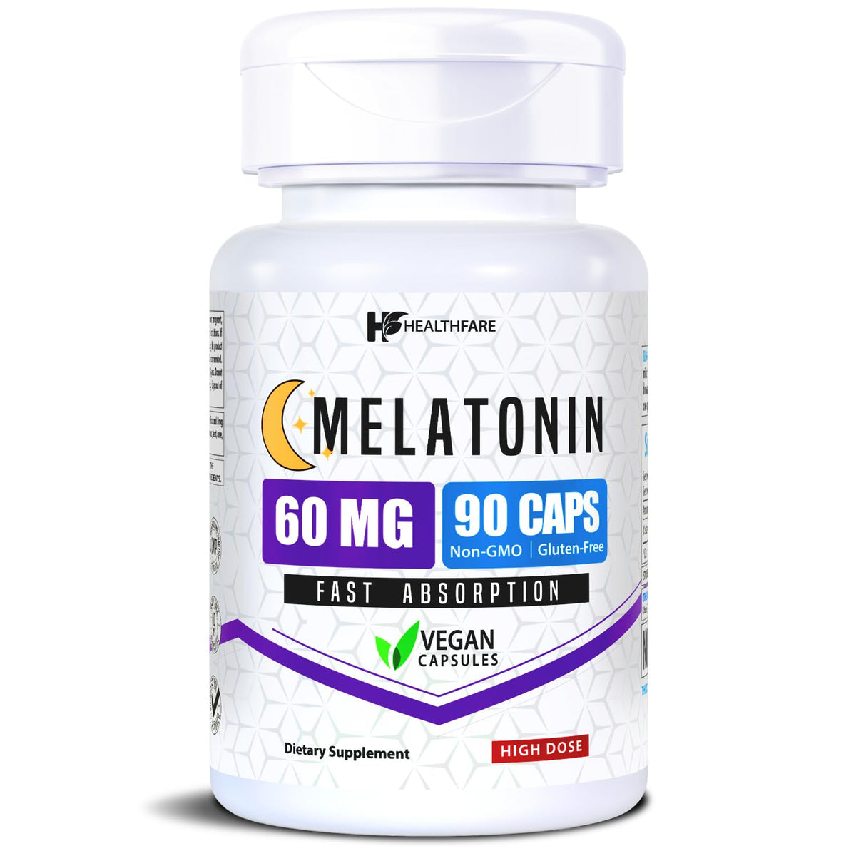 Healthfare Melatonin 60mg bottle front view for restful sleep support.