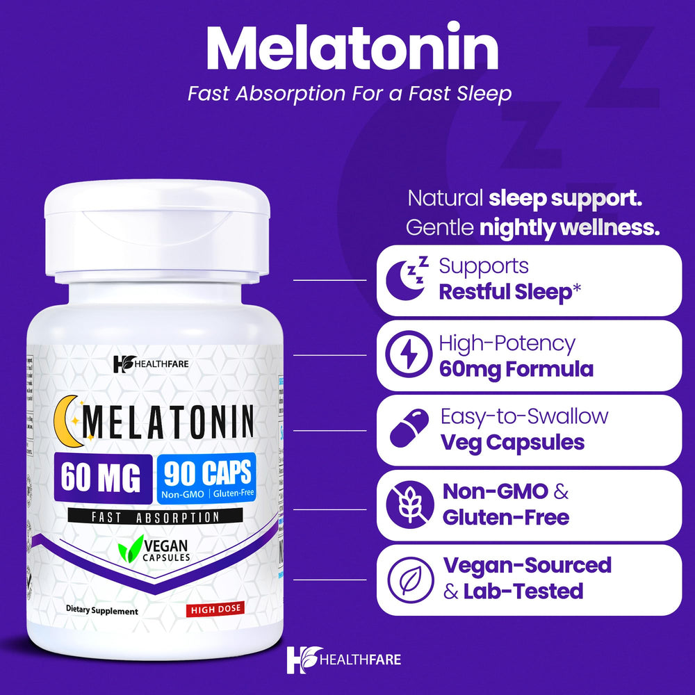 Healthfare Melatonin 60mg bottle label close-up highlighting clean, high-strength formula.
